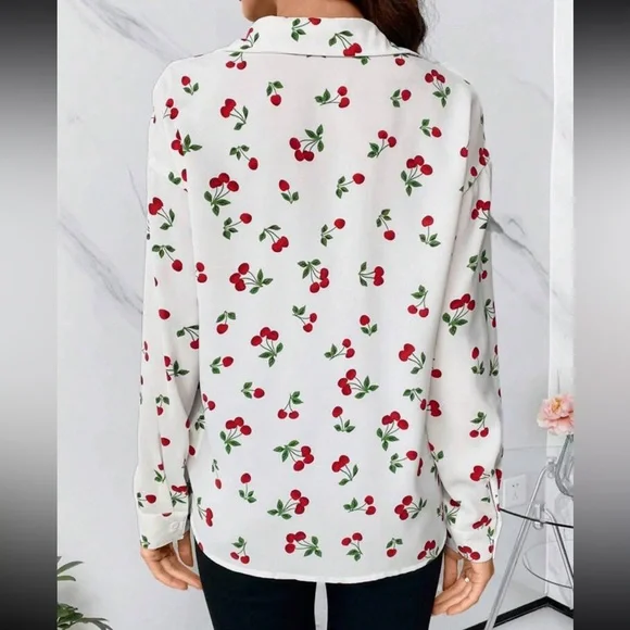 Classic Work Cherry Print Office Top Button Down Up Shirt Blouse White Red - Picture 5 of 5